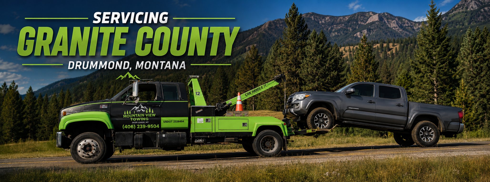 Mountain View Towing flatbed truck towing a pickup in Drummond, Montana, Granite County