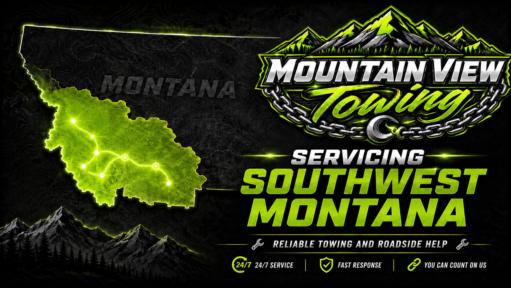Map of southwest Montana towing service area covered by Mountain View Towing, based in Deer Lodge